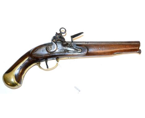 An Early 19th Century Spanish Flintlock 15 Bore Cavalry Pistol, the 23cm steel barrel octagonal at the breech and stamped R, 