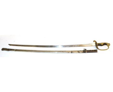 An Early 20th Century Japanese Army Officer's Sword, the 78.4 cm plated blade with single fuller, cast and pierced brass hilt