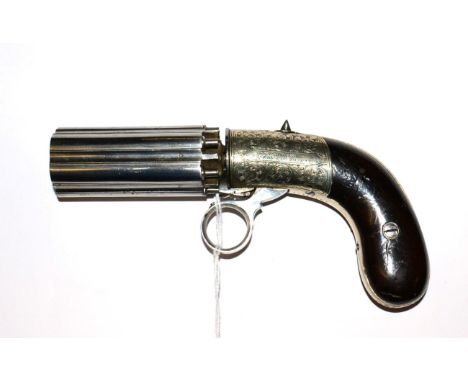 A 19th Century J R Cooper's Patent Six Shot Percussion Pepperbox Revolver by R Jones, with 7.5cm cylinder, Birmingham proof m