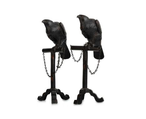 PAIR OF JAPANESE BRONZED SPELTER FALCONS, MEIJI PERIOD (1868-1912) each modelled perched on stand with tripod base, chain att