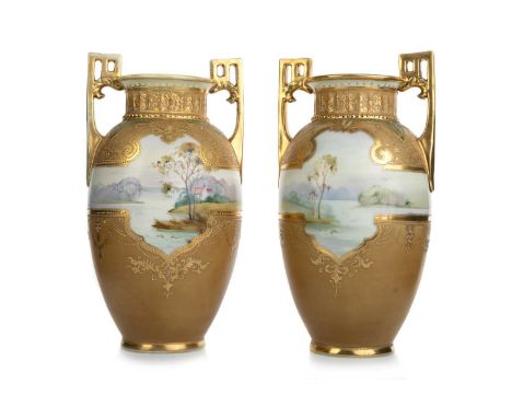 PAIR OF NORITAKE TWIN HANDLED VASES, ALONG WITH A PAIR OF JAPANESE SATSUMA POTTERY VASES the Noritake vases each decorated wi
