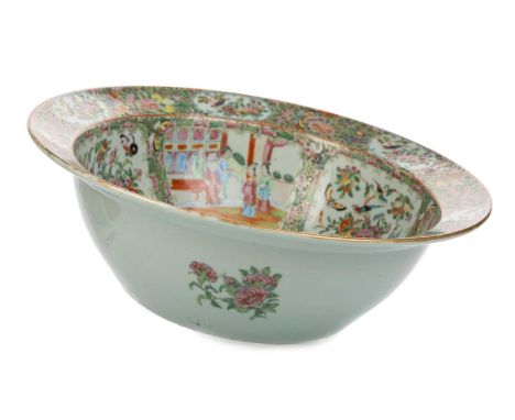 CHINESE CANTONESE FAMILLE ROSE BASIN, LATE 19TH CENTURY of circular form, the interior decorated with figures, birds and inse