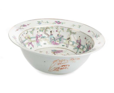 CHINESE FAMILLE ROSE PORCELAIN 'QILIN SONGZI' BASIN, LATE 19TH CENTURY  decorated with a central scene showing a figure holdi