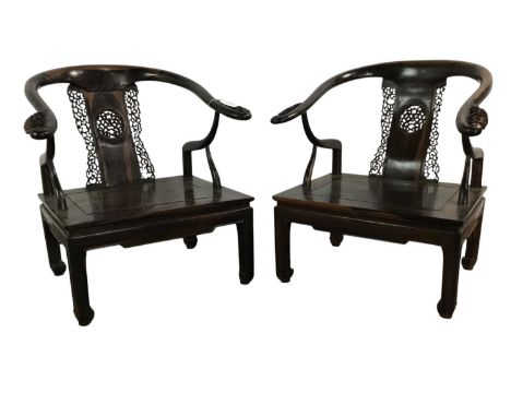 PAIR OF CHINESE CALAMANDER YOKE BACK MING-STYLE HORSESHOE CHAIRS, LATE 19TH/EARLY 20TH CENTURY each with large curved crestra