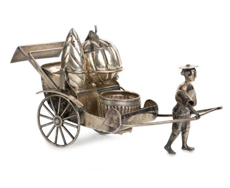 CHINESE SILVER RICKSHAW, EARLY 20TH CENTURY modelled as a figure in traditional dress, pulling a rickshaw, comprising an open