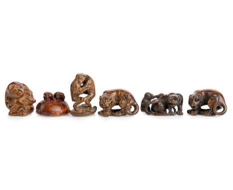 COLLECTION OF SIX EASTERN NETSUKE STYLE FIGURES, REPRODUCTIONS, 20TH CENTURY one modelled as a pair of frogs, posed standing,