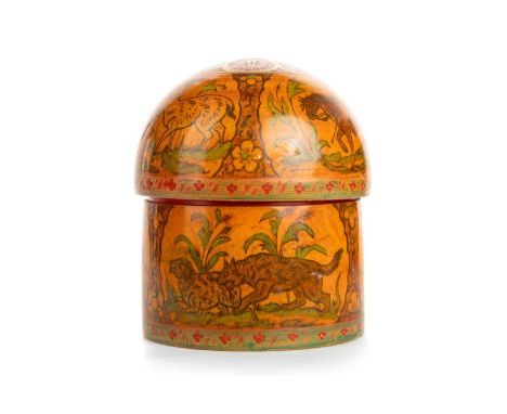 VINTAGE KASHMIR DOMED BOX, MID 20TH CENTURY with stacking lids to the inside, the exterior decorated hunting scenes12.5cm hig