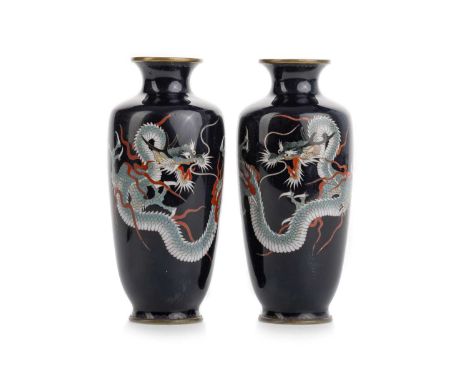 PAIR OF JAPANESE CLOISONNE VASES, LATE 19TH/EARLY 20TH CENTURY each decorated with three clawed dragons to a dark blue ground