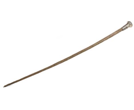 CHINESE SILVER TOPPED STINGRAY WALKING STICK, the tapered body beneath a Chinese silver handle, decorated with dragons, signe