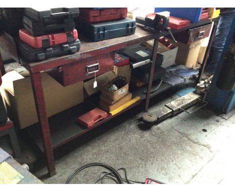 Metal work bench, with upstand, two drawers, under shelf and fitted vice, 2130mm x 780mm