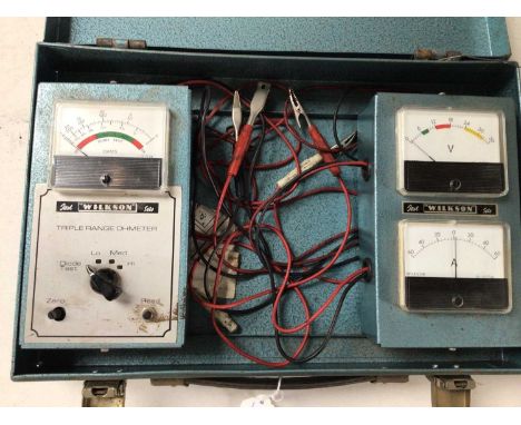 Wilkson electrical test set including Triple Range Ohmeter and dual Amp &amp; Volt meter, in metal case