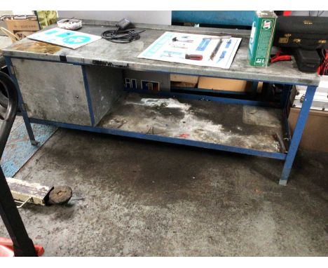 Metal work bench, with upstand, cupboard and undershelf, 2100mm x 760mm