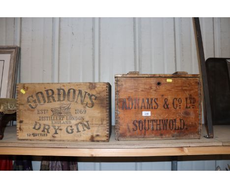 An Adnams & Co. Ltd. advertising crate; and a Gordons Dry Gin advertising crate 