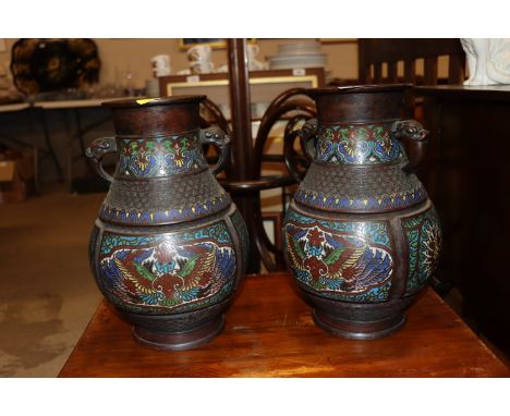 A pair of 19th Century bronze and cloisonn&eacute; baluster vases