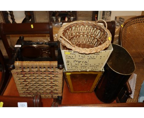 A string seated stool AF; a wicker waste paper bin and three other waste paper bins 