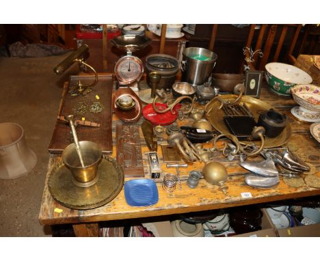 A large quantity of brass, copper and metalware to include Henham Steam Rally plaques, light fittings, Salter scales, copper 