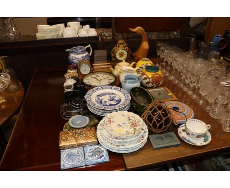 A quantity of various china etc. to include Old Chelsea dinnerware; an oak mounted barometer; a glass float; cameras; Wedgwoo