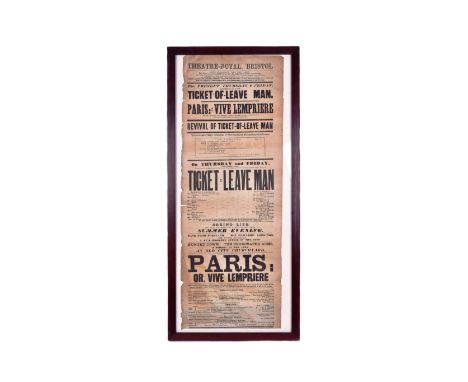 Theatre Interest - a 19th century Victorian poster for 'Ticket Of Leave Man' performed November 1st and 2nd, 1866 at the Thea