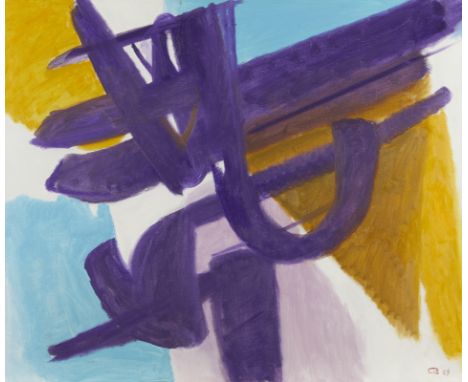 Cameron Booth (American, 1892-1980). Oil on canvas painting titled "Abstraction (Violet, Orange, &amp; Blue Dark Configuratio