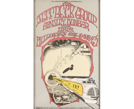 Original vintage concert poster for The Jeff Beck Group and Zephyr at the Fillmore West. The poster was designed by Randy Tut