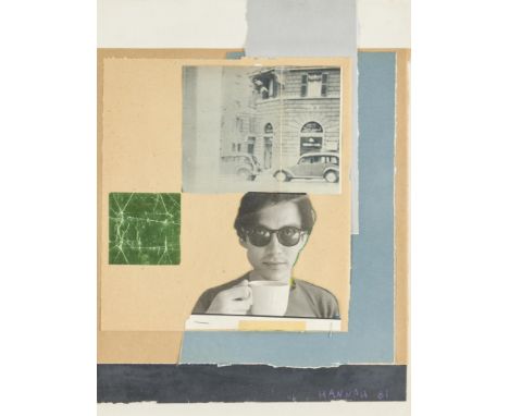 Duncan Hannah (American, 1952-2022). Mixed media collage depicting a portrait of the artist in sunglasses drinking from a cof