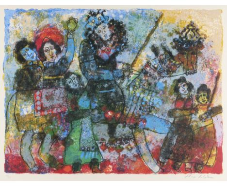 Theo Tobiasse (Tobias Eidesas) (French, 1927-2012). Lithograph on paper titled "The Great Parade" depicting a group of colorf