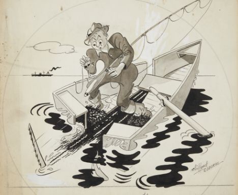 Clifford Osborne (American, 20th c). Ink on artist board comic book drawing depicting a fisherman's boat cut in half by a saw