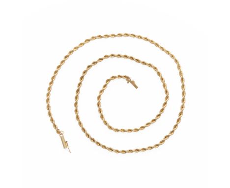 14k yellow gold rope chain with barrel clasp closure and safety latch. Marked 14k along the clasp tongue.Length: 20 in. Gross