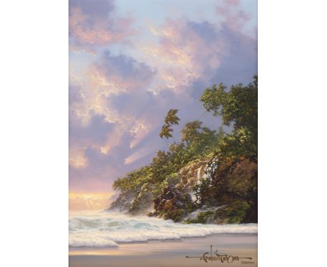 Roy Gonzalez Tabora (American, b. 1956). Oil on canvas painting titled "Serene Evening" depicting a romantic seascape inspire