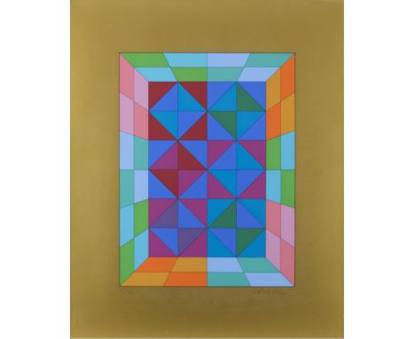 Victor Vasarely (Hungarian/French, 1906-1997). Serigraph in multiple colors on paper titled "Kapolna" depicting an Op-Art com