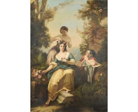 Camille Roqueplan (French, 1802-1855). Oil on canvas romantic painting titled "Le Bouquet de Fleurs" depicting a woman with h