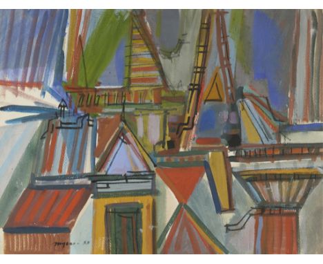 Malcolm Haynie Myers (American, 1917-2002). Acrylic on paper painting depicting an abstracted cityscape. The houses portrayed