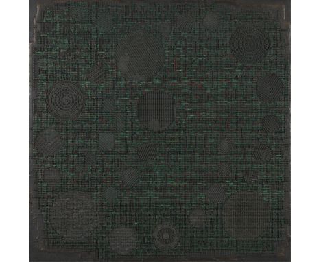 Joaquim Tenreiro (Brazilian, 1906-1992). Mixed media artwork titled "Circulos" comprised of hundreds of nails affixed in a gr
