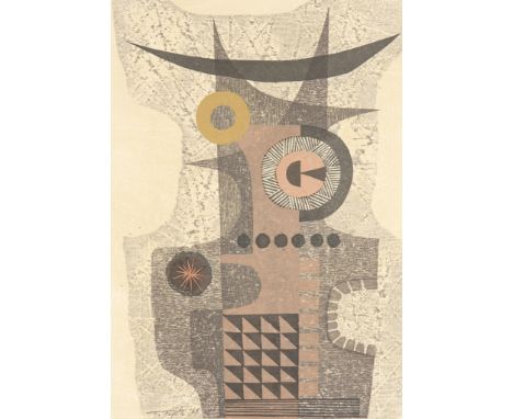 Fumio Fujita (Japanese, b. 1933). Modernist woodblock print depicting a geometric composition in earthen tones, 1964. Pencil 