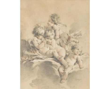 Andien de Clermont (French, ca. 1716-1783). Rococo pencil drawing on artist board titled "Groupe de Quatre Amours (Group of F