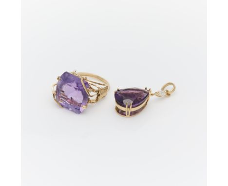 Group of 14k yellow gold and amethyst jewelry. Comprised of one ring in a twisted wire style setting with a cushion cut ameth
