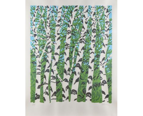 Neil Welliver (American, 1929-2005). Screenprint on paper titled "Birches" depicting a copse of birch trees with the blue sky