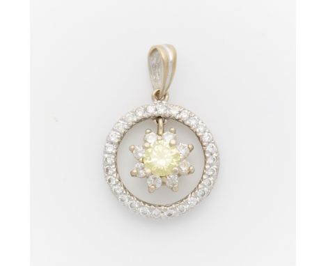 18k white gold pendant comprised of a circle set with diamonds, and a hanging floral cluster pendant with a central light gre