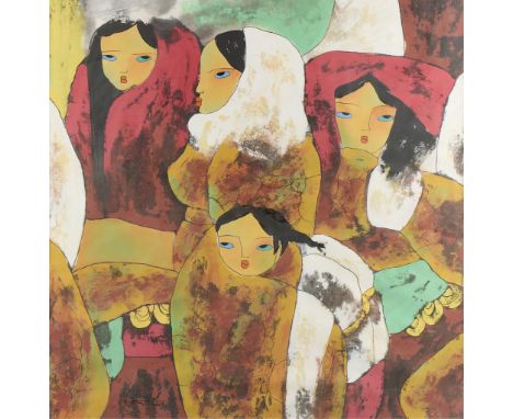 Xiao Jiahong (Chinese, b. 1955). Gouache on paper painting depicting young women against a colorful background. Signed along 
