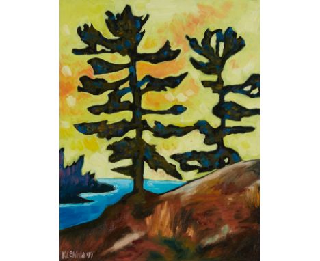Kari Lennartson (America, 20th/21st c.). Oil on canvas painting titled "Northern Shoreline" depicting a peaceful nature scene
