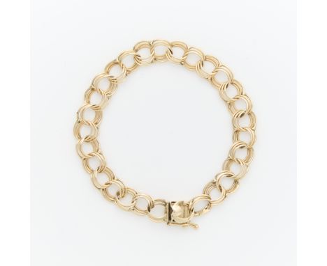14k yellow gold triple cable link bracelet. With box clasp and safety latch. The lever on the box clasp is heart form. Marked