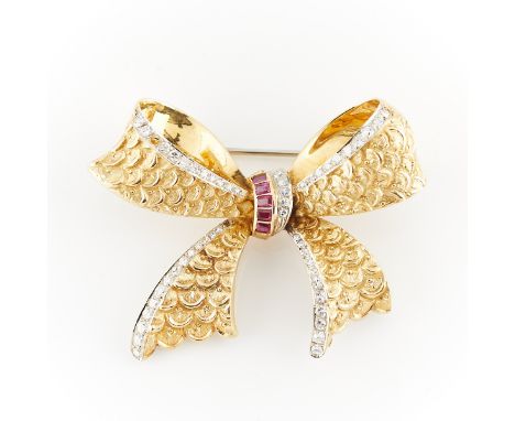 18k yellow and white gold brooch in the form of a bow with trombone clasp set with 61 single cut diamonds and five step cut r