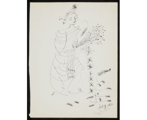 Irene Rice Pereira (American, 1902-1971). Ink drawing depicting a figure dancing surrounded by stars and shapes, 1966. Dated 