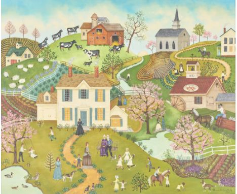 Linda Nelson Stocks (American, 1938-2011). Oil on canvas folk art painting depicting an idyllic countryside filled with anima