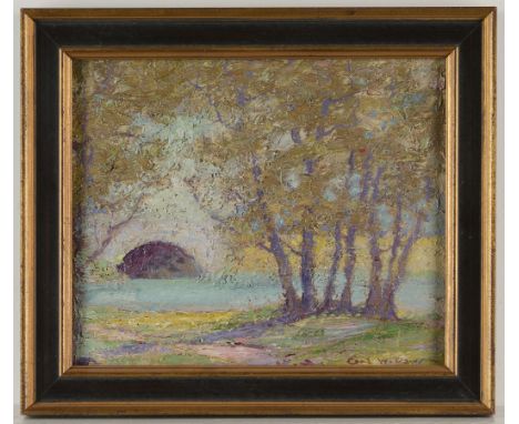 Carl Rawson (American, 1884-1970). Oil on board painting titled "Lake of the Isles" depicting a bridge over water in Minneapo