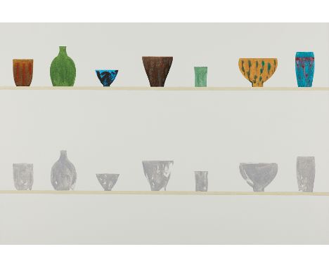Ed Baynard (American, 1940-2016). Ink on canvas painting titled "23rd &amp; Park #8" depicting a row of brightly colored vase