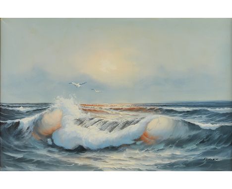 Oil on canvas seascape painting depicting a low sun hanging over breaking waves. Two seagulls soar just above the water. Sign
