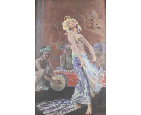 John Young-Hunter (Scottish, 1874-1955). Tempera on board painting titled "Balinese Dancers" depicting a young woman dancing 