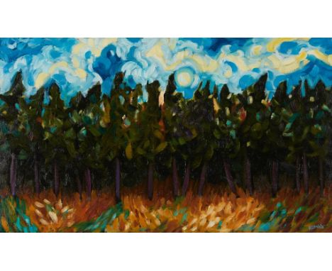 Kari Lennartson (America, 20th/21st c). Oil on canvas painting titled "Rhythm of the Woods" depicting an impressionist style 