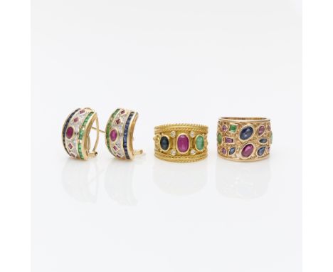 Group of three pieces of emerald, ruby and sapphire jewelry.One 18k yellow gold ring of tapered form set with one oval emeral